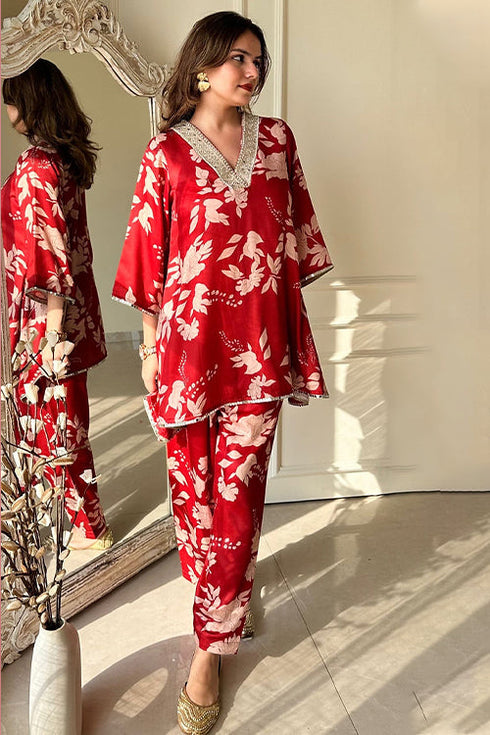 Red Floral Festive Kurta Set